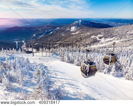Sheregesh Ski Lift Resort In Winter, Landscape On Mountain And Hotels, Aerial Top View Kemerovo Regi