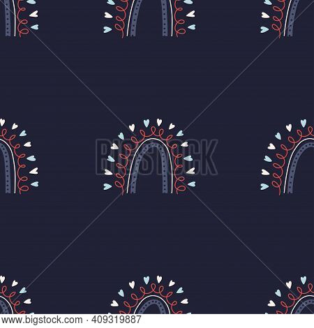 Rainbow Seamless Pattern. Simple Tiled Rainbow Pattern With Hearts And Thin Lines. Vector Stock Illu