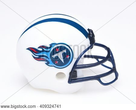 IRVINE, CALIFORNIA - AUGUST 30, 2018: Mini Collectable Football Helmet for the Tennessee Titans of the American Football Conference South.