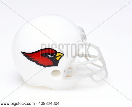 IRVINE, CALIFORNIA - AUGUST 30, 2018: Mini Collectable Football Helmet of the Arizona Cardinals National Football Conference West.