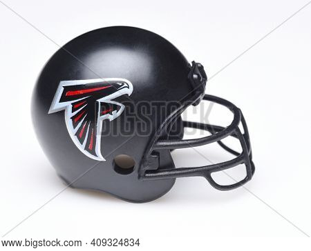 IRVINE, CALIFORNIA - AUGUST 30, 2018: Mini Collectable Football Helmet for the Atlanta Falcons of the National Football Conference South.