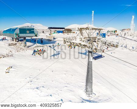 Sheregesh Ski Lift Resort In Winter, Landscape On Mountain And Hotels, Aerial Top View Kemerovo Regi
