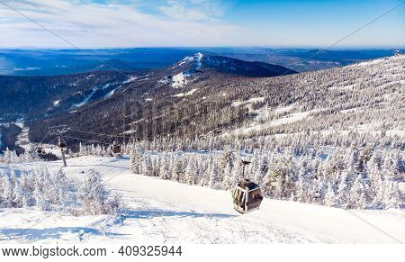 Sheregesh Ski Lift Resort In Winter, Landscape On Mountain And Hotels, Aerial Top View Kemerovo Regi