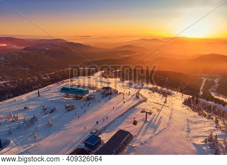 Sheregesh Ski Lift Resort In Winter, Landscape On Mountain And Hotels, Aerial Top View Kemerovo Regi