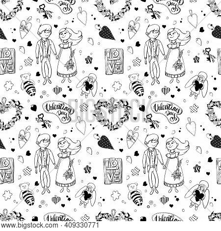 Seamless Vector Pattern For Valentine's Day. Black And White Pattern