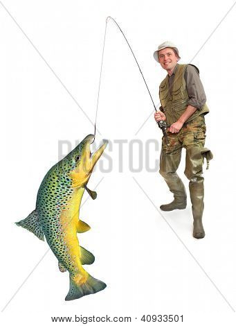 큰 물고기 (갈색 송어-Salmo Trutta)와 어 부. 성공 개념입니다.