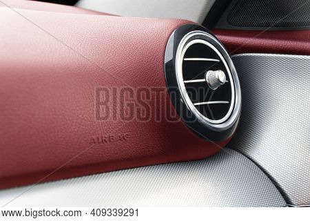 Ac Ventilation Deck In Luxury Modern Car Interior. Modern Car Red Leather Interior. Natural Carbon P