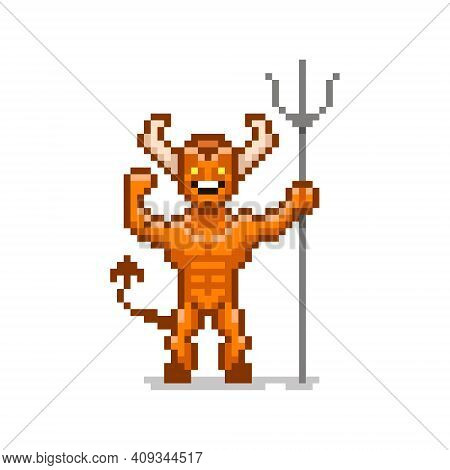 Colorful Simple Flat Pixel Art Illustration Of Cartoon Smiling Red Devil With A Trident In His Hand