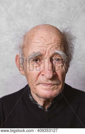 Elderly Man Portrait. Close Up. Glaucoma In Left Eye. Getting Old Concept. Amazingly Beautiful Old M