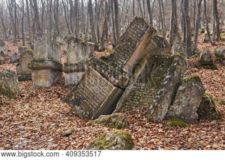 Bakhchisarai, Crimea - January 25, 2021: Gravestones At The Ancient Karaim Cemetery