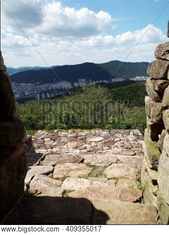Gimhae, South Korea, September 3, 2017: City Of Gimhae From The Wall Of Bunsanseong Fortress. Three 