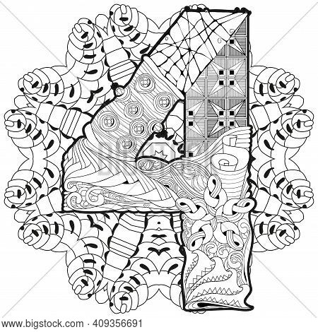 Hand-painted Art Design. Adult Anti-stress Coloring Page. Black And White Hand Drawn Illustration Ma