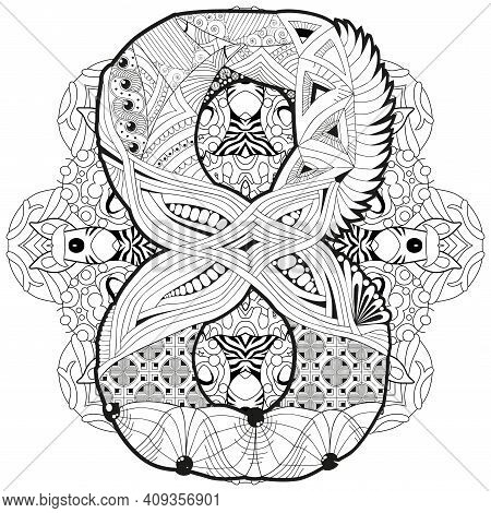 Hand-painted Art Design. Adult Anti-stress Coloring Page. Black And White Hand Drawn Illustration Ma