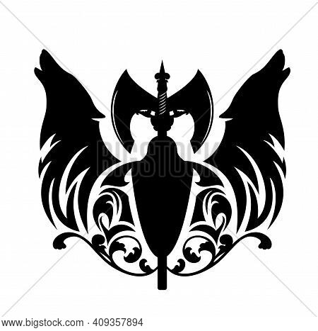 Howling Wolf Heads With Heraldic Shield And Scandinavian Battle Axe - Nordic Coat Of Arms Black And 