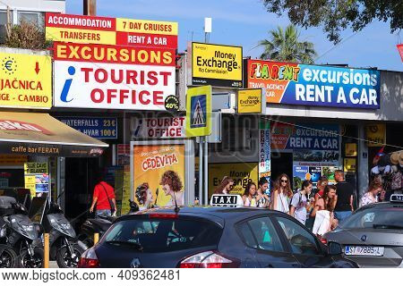 Split, Croatia - July 20, 2019: Colorful Banners And Disorganized Advertising Chaos In Split. Croati