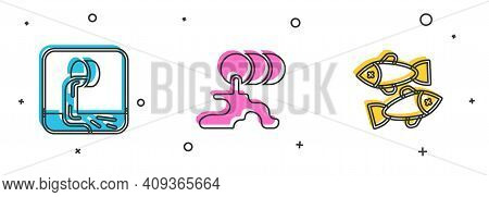 Set Wastewater, Barrel Oil Leak And Dead Fish Icon. Vector