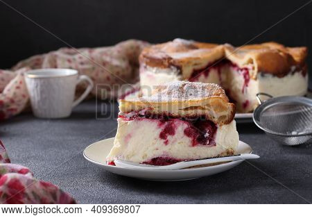 Karpatka With Cherries, Traditional Polish Cream Pie On Dark Gray Background.