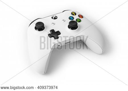 Moscow, Russia - April 18, 2019: Wireless gamepad for Xbox console - isolated on white background.