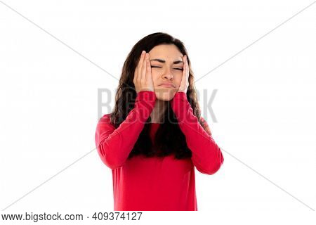 Adorable teenage girl with red sweater isolated on a white background