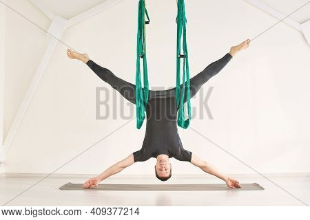 Male Person Do Hammock Yoga Class Exercise. Meditation In Air Calm. Aero Beginner Studio Workout. Ma