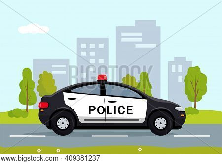 Black Police Car In The City. Cop, Police Officer Auto, Policeman Patrol Automobile. Vector Illustra