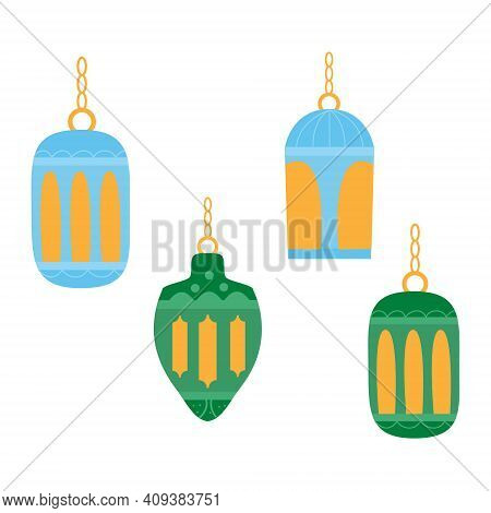 Four Diffirent Lantern. East Traditional Lamps. Vector Flat Illustration, Isolated On White Backgrou