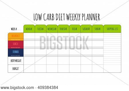 Colored Cute Diet Weekly Planner Isolated On White Background. Food Menu Plan For Diet. Daily Schedu