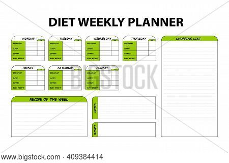 Colored Cute Diet Weekly Planner Isolated On White Background. Food Menu Plan For Diet. Daily Schedu