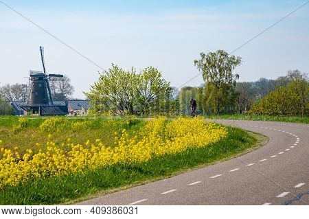 One Woman Ride Bicycle In Spring Day On Dam In Betuwe, Gelderland, Netherlands