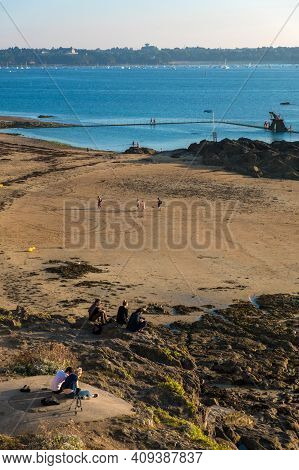 Saint-malo, France - August 25, 2019: View Of Bon Secours Beach With The Tidal Pool At Sunset In Sai