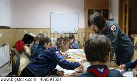 Maikop, Adygea Republic, Russia - January 16, 2021: Children In Denim Uniforms With Royal Rangers In