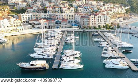 Lustica, Montenegro - 15.10.2020: Aerial View Of Lustica Bay Marina With Its Luxury Boats And Yachts