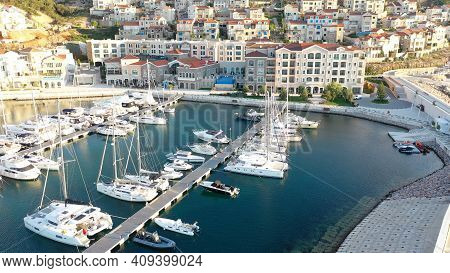 Lustica, Montenegro - 15.10.2020: Aerial View Of Lustica Bay Marina With Its Luxury Boats And Yachts