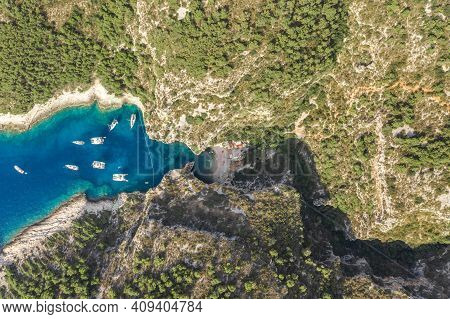 Aerial Overhead Drone Shot Of Stiniva Covert Cove Beach In Adriatic Sea On Vis Island In Croatia In 