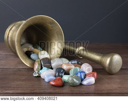 Mortar With Pestle And A Plenty Of Gemstones. Concept Of Alchemy, Lithotherapy, Magic
