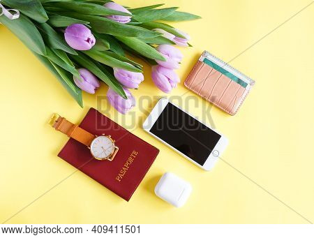 Unisex Travel Flat Lay On Yellow Background