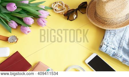 Unisex Travel Flat Lay On Yellow Background