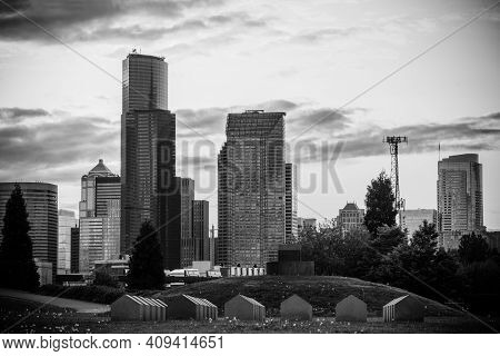 Seattle Cityscape In Mono Black And White