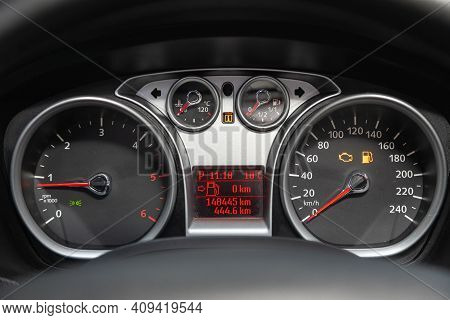 Novosibirsk, Russia - February 18 2021: Ford Kuga,speedometer Is Marked From 0 To 240 Km/h.  Design 