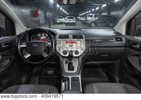 Novosibirsk, Russia - February 18 2021: Ford Kuga, Car Interior - Steering Wheel, Shift Lever, Multi