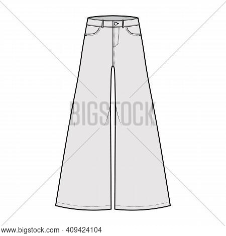 Jeans Baggy Wide Pants Denim Technical Fashion Illustration With Full Length, Low Waist, Rise, 5 Poc