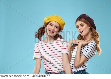 Funny Mom And Daughter Fashion Studio Lifestyle Fun Blue Background Family