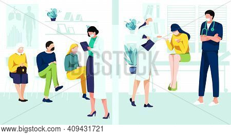 Patients Waiting In Queue In Clinic Hall. Patients Visiting Doctors For Medical Check Up And Treatme