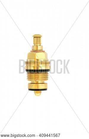 Threaded brass collar tap gland half inch with 8mm spline used to shut water flow off in plumbing tap systems on white background.