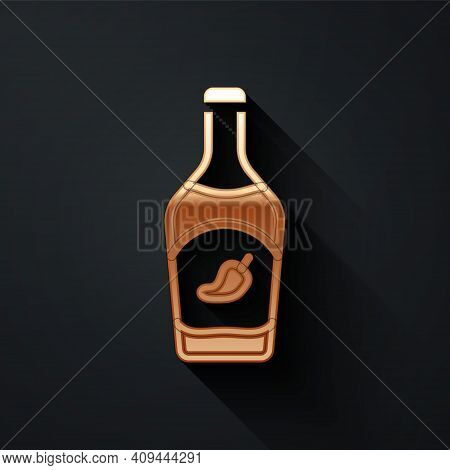 Gold Ketchup Bottle Icon Isolated On Black Background. Hot Chili Pepper Pod Sign. Barbecue And Bbq G