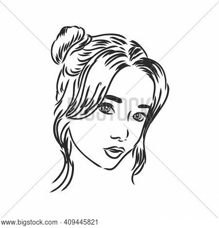 Girl With Bouffant Hairstyle, Portrait Of A Girl, Vector Sketch On A White Background