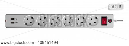Extension Cable Cord Isolated On White Background. Electrical White Plastic Power Socket Strip Europ