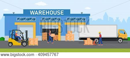 Warehouse Industry With Storage Buildings, Trucks, Forklift And Rack With Boxes. Distribution Logist