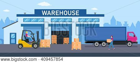 Warehouse Industry With Storage Buildings, Trucks, Forklift And Rack With Boxes. Distribution Logist
