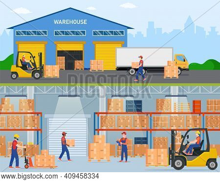 Warehouse Horizontal Banners With Storage Workers Engaged In Loading And Unloading Of Goods. Interio
